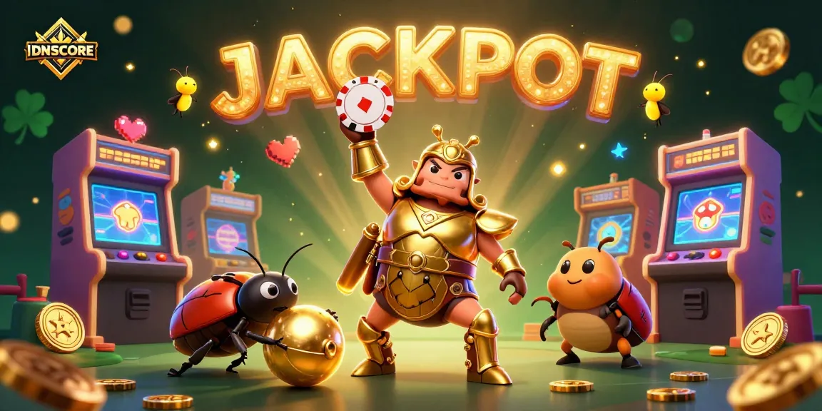 IDNSCORE showcases a cartoon beetle celebrating a big jackpot win amidst vibrant gaming elements.