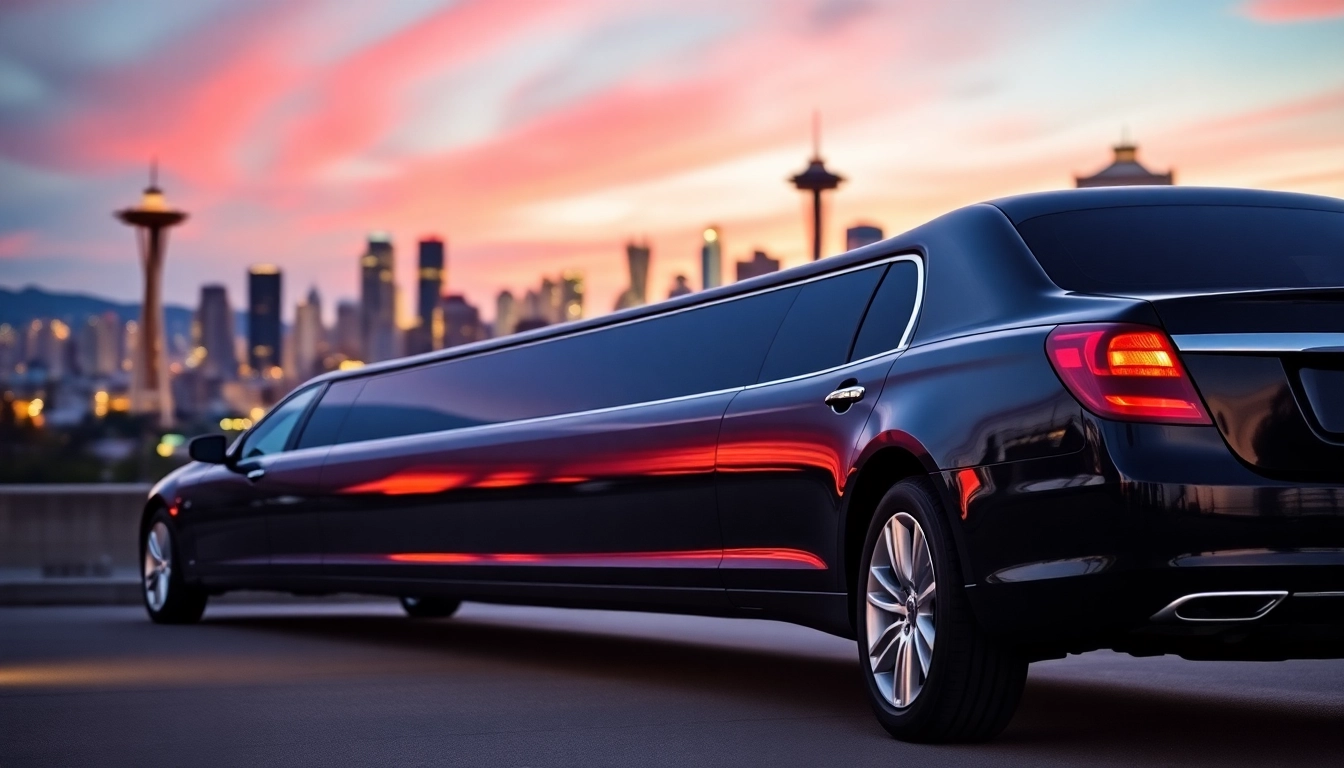 Limo vancouver to seattle showcasing a luxury limousine in front of a vibrant city skyline at sunset.