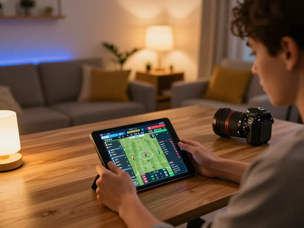 Engaging in sports betting on Trang Chủ FB88 with live match stats displayed on tablet in a cozy home environment