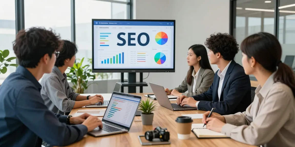 Team of SEO specialists discussing strategies for effective SEO backlink services in a modern office.