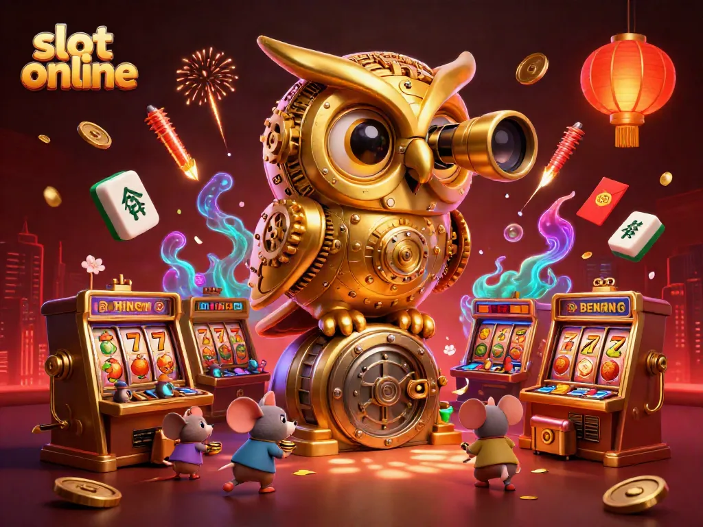 Slot online menarik dengan burung hantu emas dan pentas permainan penuh warna di kasino.