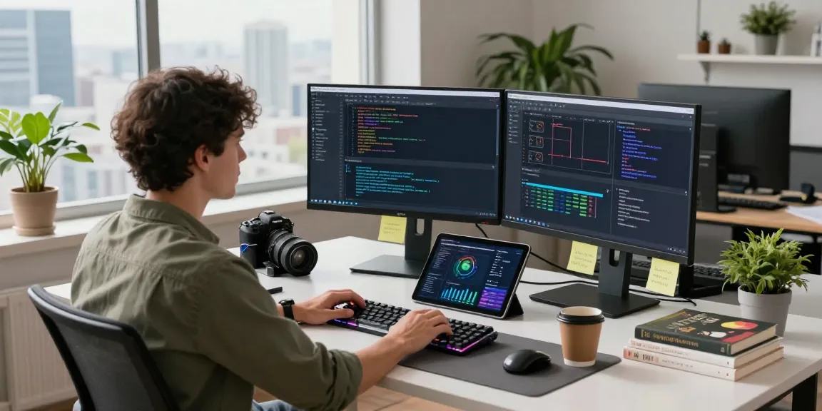 Developer coding with NAGA2000 displayed on dual monitors in a tech workspace