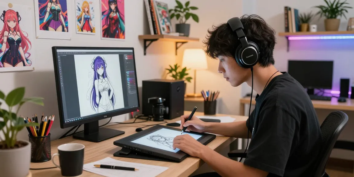 Artist creating AI ecchi character design in a vibrant studio environment, filled with tools and creative energy.