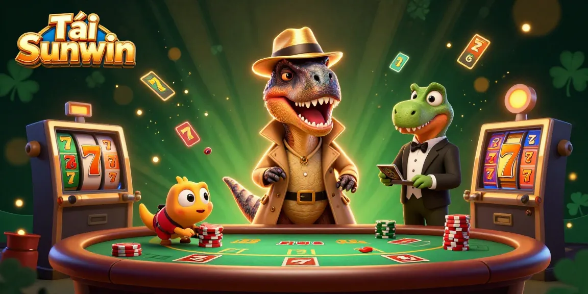 Tải Sunwin with a cartoon velociraptor card counter sneaking at a blackjack table amidst vibrant casino elements