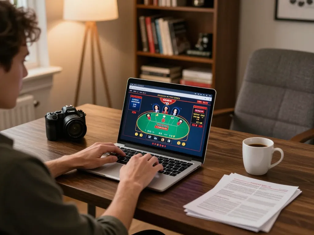 Engage in online casinos in Canada with a player strategizing at home during an exciting poker game.