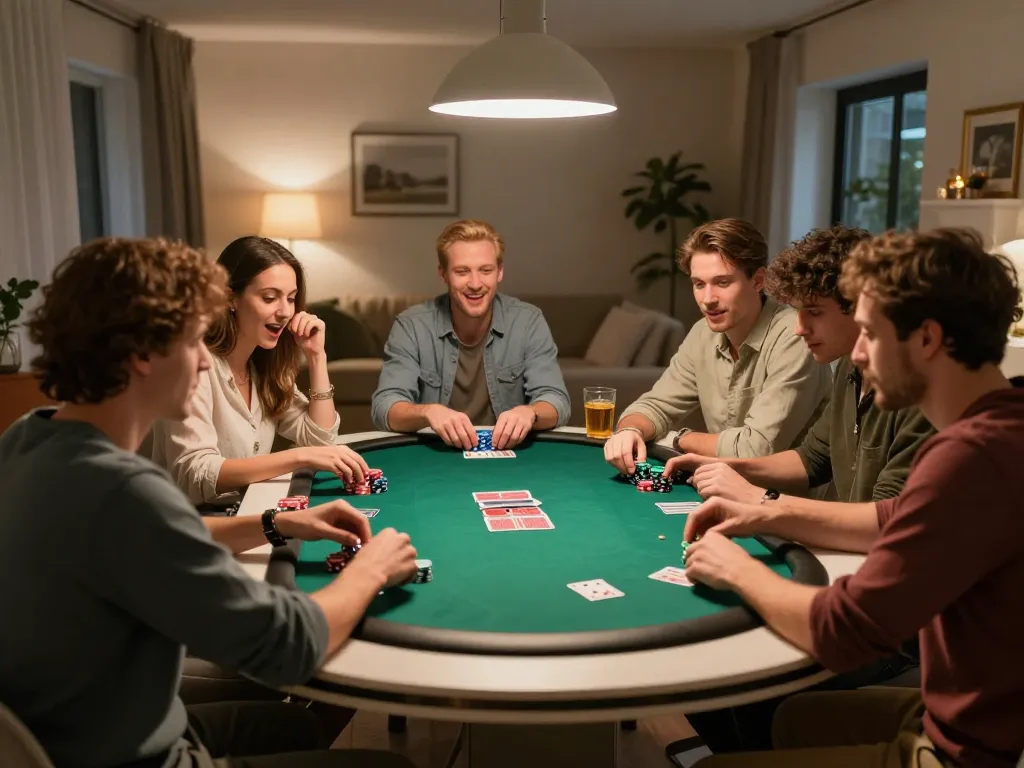 Engaged friends enjoying poker at home, showcasing the social excitement of 789win com gaming.