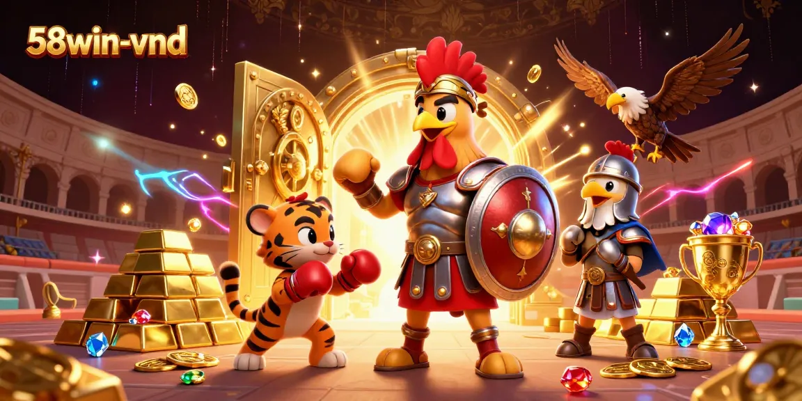 Engage in thrilling adventures at 58win-vnd, with a gladiator rooster amidst treasures and excitement.