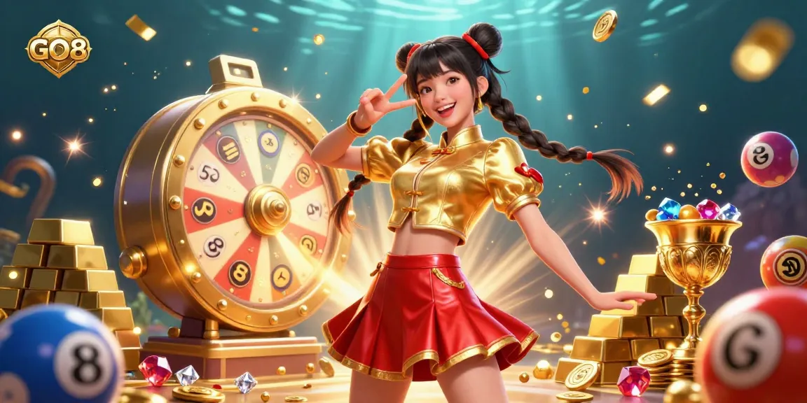 Experience the thrill of GO8 gaming with vibrant colors and rich casino elements in this lively 3D illustration.