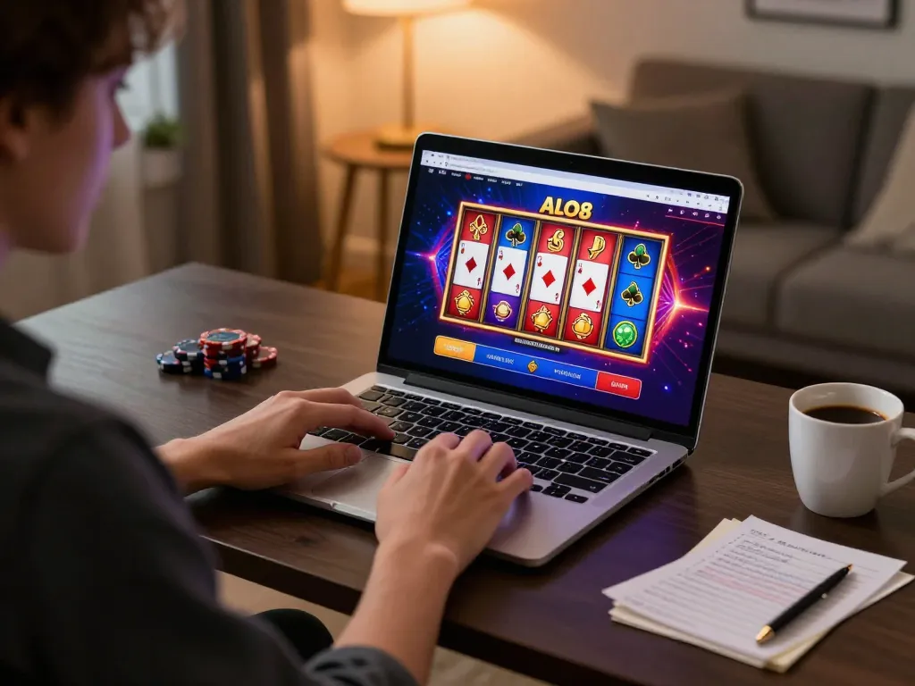 Player enjoying the ALO8 online casino experience on their laptop at home