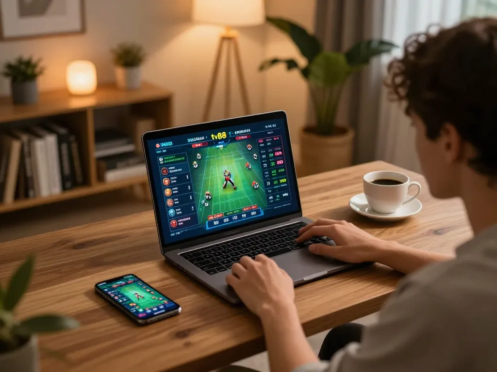 Experience the excitement of online betting with the tv88 game on a sleek laptop, showcasing a cozy gaming setup.