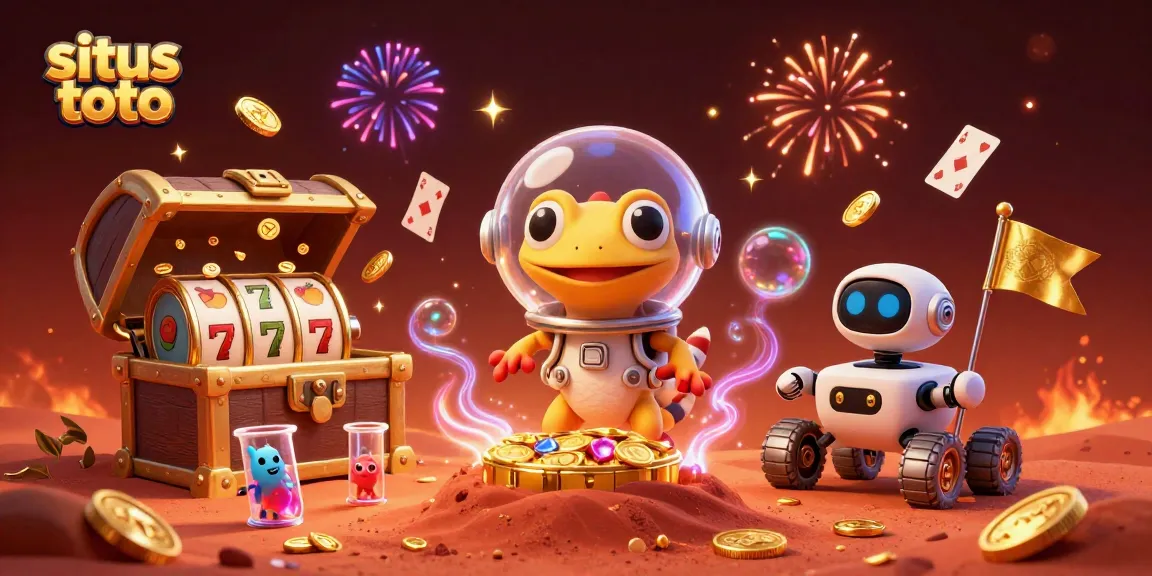 Engage in situs toto adventure with a gecko astronaut finding treasures in a vibrant casino