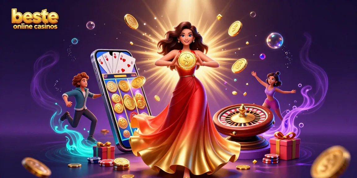 Experience the excitement at beste online casinos with a stunning 3D illustration showcasing vibrant gaming elements and a gorgeous character celebrating wins.