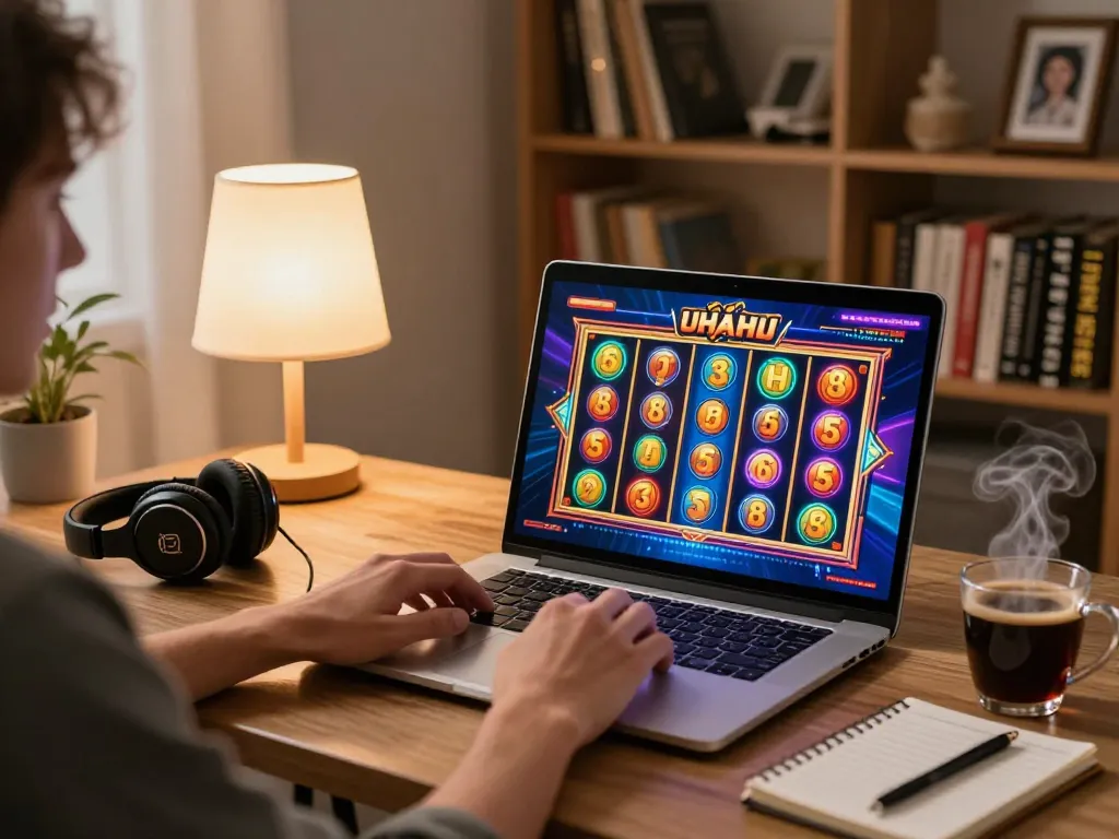 Playing game nổ hũ at home with vibrant slot display and warm ambiance
