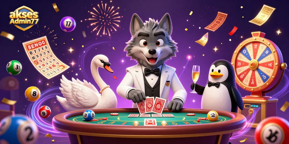 Experience the excitement of winning at akses Admin77 with dynamic gambling elements and animated characters.