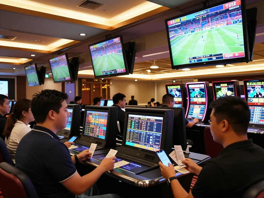 LV88 bettors placing wagers in a vibrant live sports betting environment with large screens.