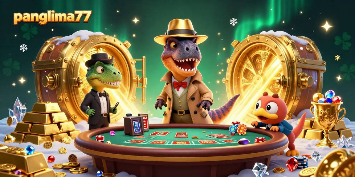 Panglima77 showcases a 3D velociraptor card counter at a blackjack table amidst gold treasures and dynamic lights