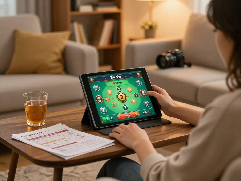 Player enjoying Tài Xỉu online at home with strategic notes on the table, highlighting taixiuonline8 experience.