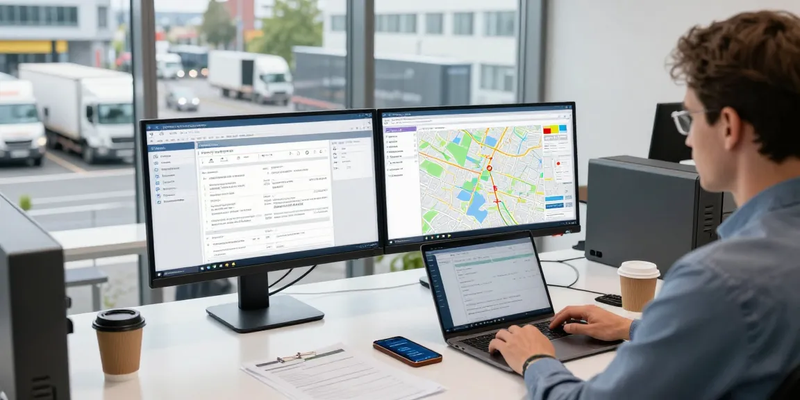 Ocargo Express Transport in Dortmund: Effizienter Logistikmanager im modernen Büro mit Echtzeit-Transportdaten.