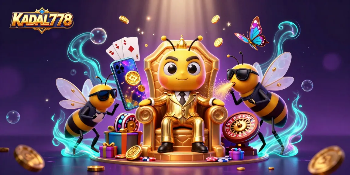 KADAL778 showcases vibrant slot gaming with a bumblebee mob boss and dynamic casino elements.