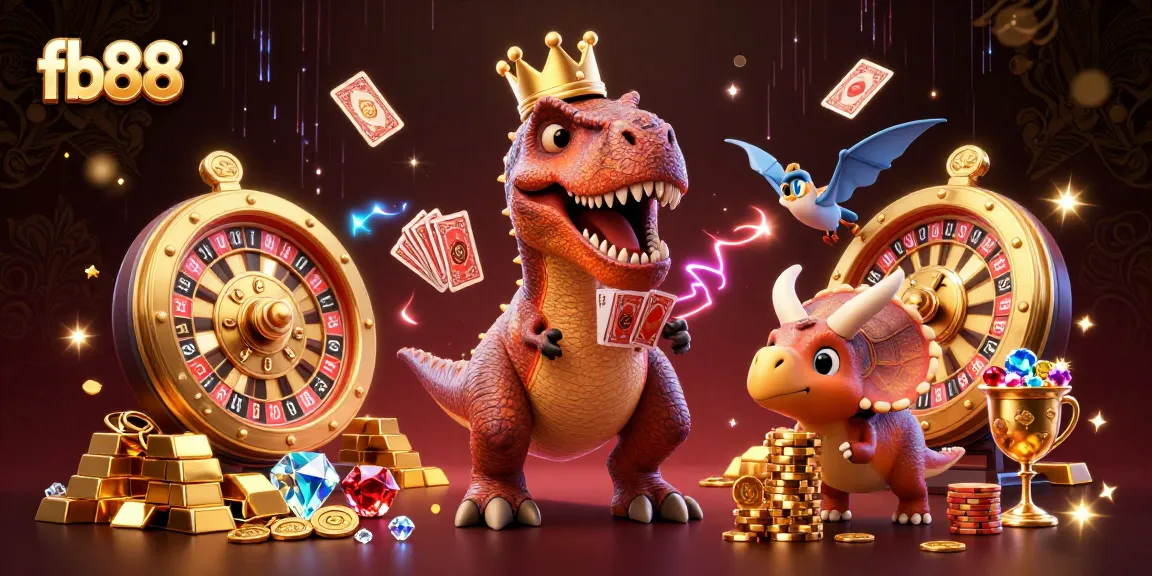 Engage in thrilling gameplay at fb88 with a vibrant T-Rex, cards, and sparkling casino treasures.