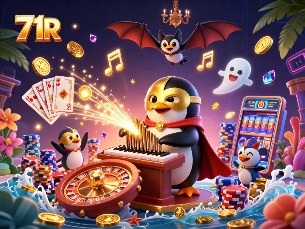 71R captura a ação vibrante de um cassino com pinguins fantasmas e acrobatas em 3D.