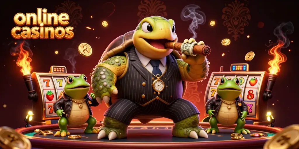 Engage with exciting online casinos through this vibrant 3D illustration featuring a snapping turtle and bullfrog characters.