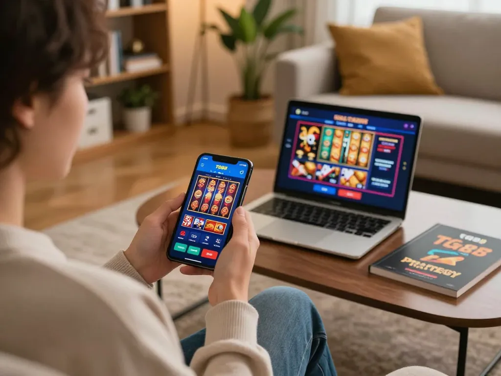 Engaged player exploring TG88 casino app for online gambling on smartphone in a cozy home setting