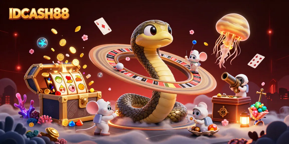 Bet on IDCASH88 with this vibrant 3D casino scene showcasing game elements and cosmic adventures.