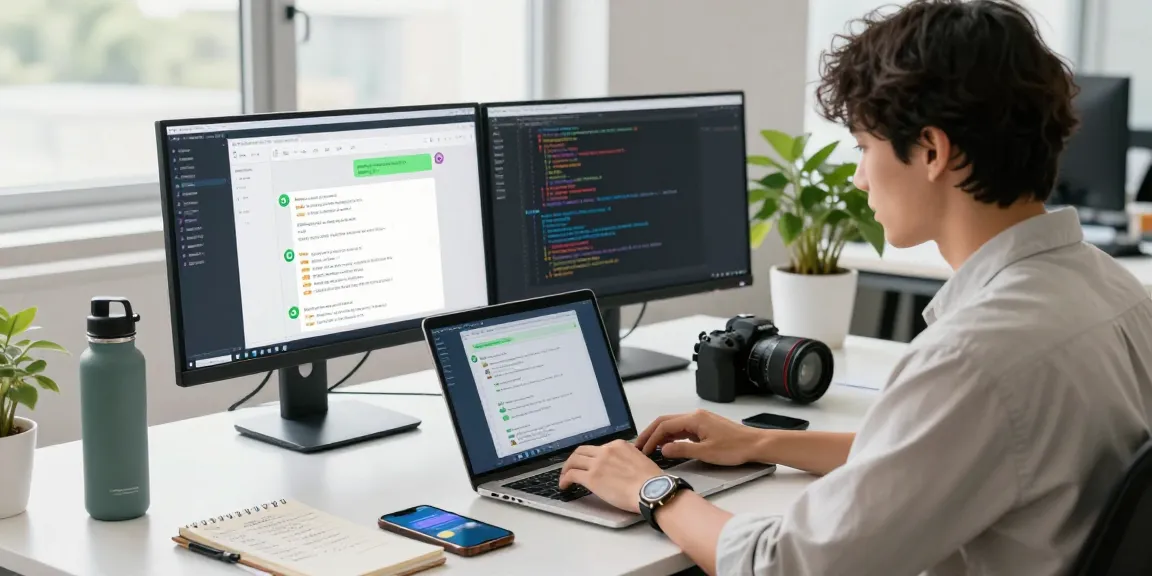 Young professional accessing WhatsApp網頁版 on laptop in a modern tech workspace.