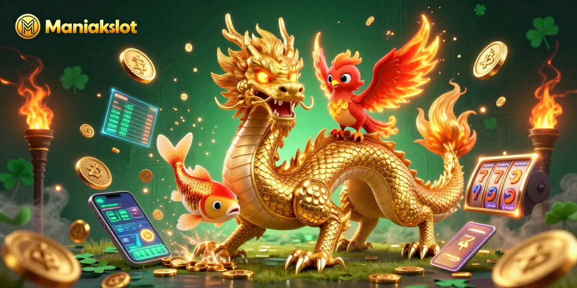 Engage with Maniakslot's vibrant 3D scene featuring a golden dragon and phoenix surrounded by dynamic gambling elements.