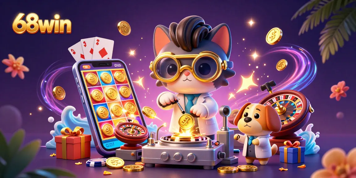 Experience the excitement of 68win with our lively 3D casino scene featuring animated characters and gaming elements.