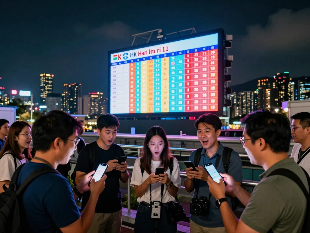Excited crowd viewing HK Hari Ini lottery results on a vibrant digital screen in a lively urban setting.