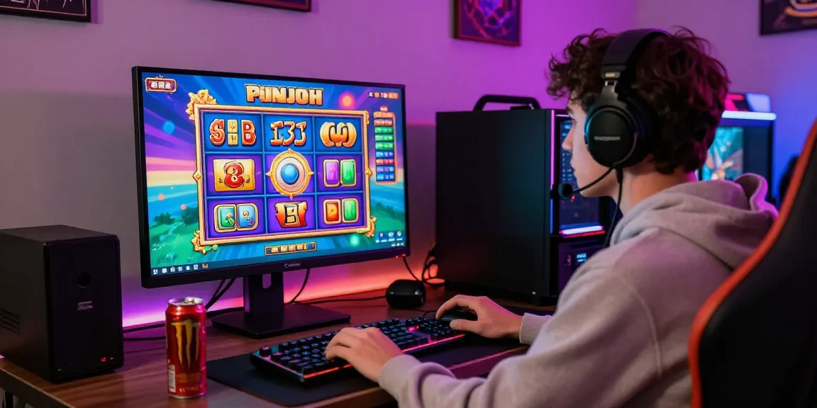 Nagahitam303: Pemain slot online terlibat dalam permainan dengan tampilan mesin slot yang cerah dan aksesori gaming.
