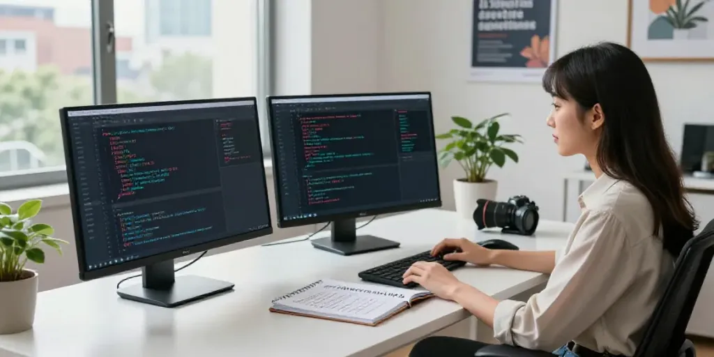 Software engineer analyzing AI speech to text converter pricing in a modern workspace.