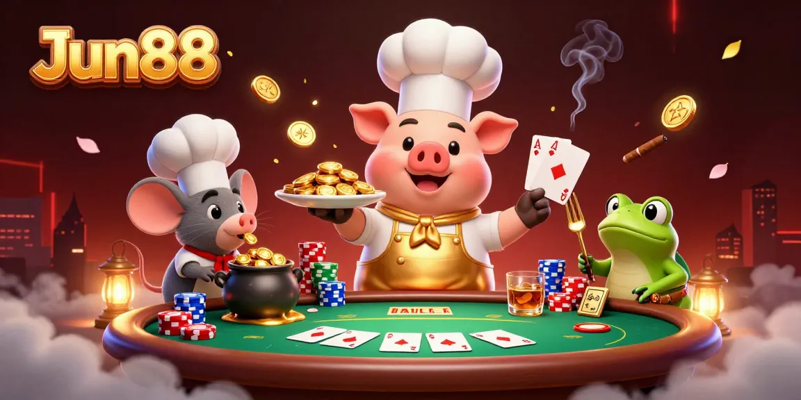 Experience the exciting world of Jun88 with a gourmet display of gold coins at this vibrant casino scene.