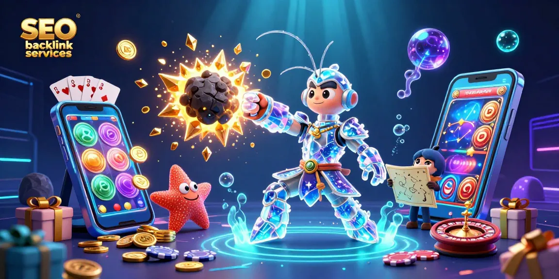 Engage in SEO backlink services while watching a vibrant scene with galactic characters and casino elements.