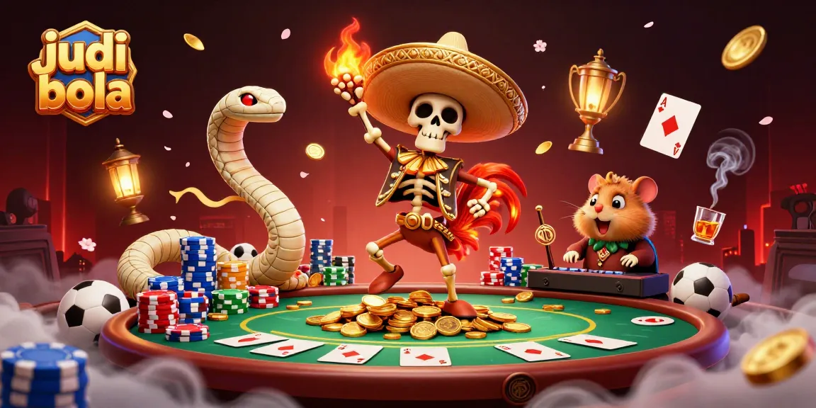 Bet on judi bola with a lively scene featuring a skeleton mariachi rooster, mummy snake, and zombie hamster DJ celebrating in a packed casino atmosphere