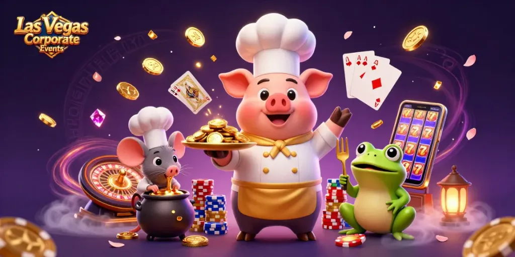 Engage in Las Vegas Corporate Events with a vibrant scene of a chef pig, sous-chef mouse, and critic frog among casino riches.