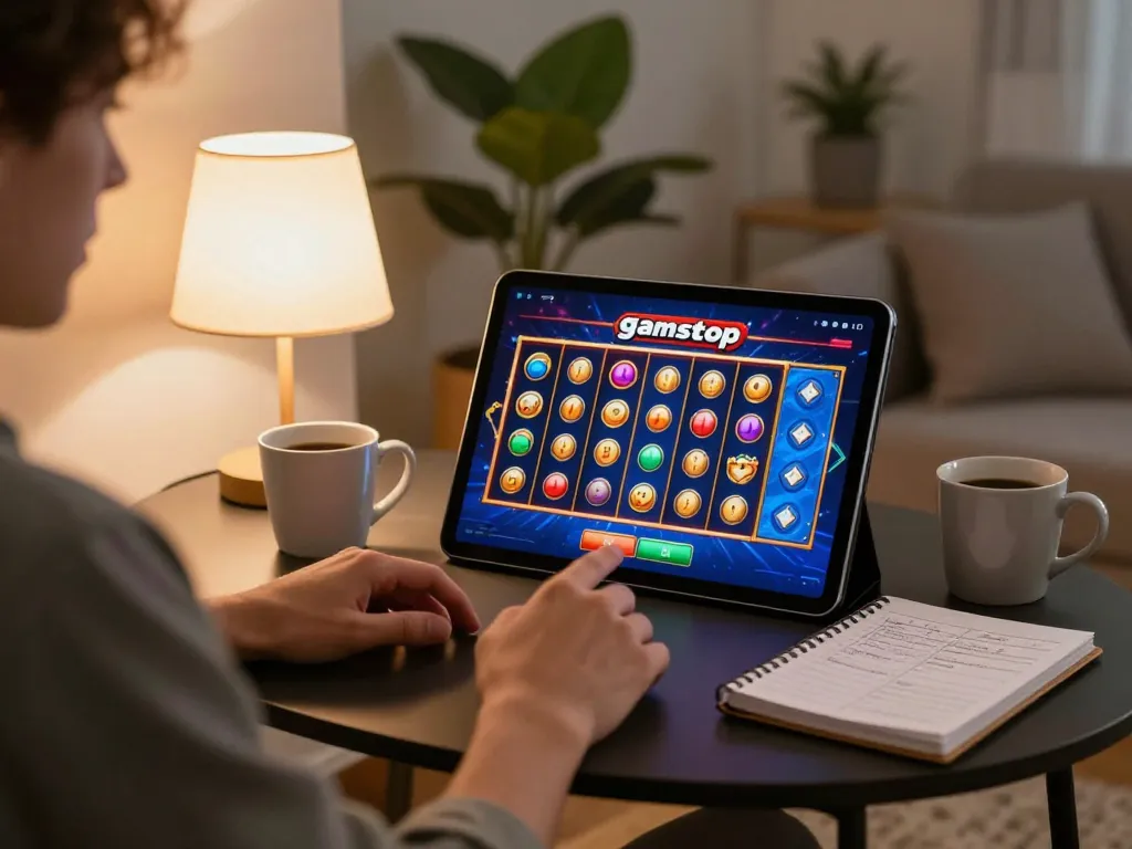 Engaged player enjoying slots not on gamstop on tablet in cozy home setup.