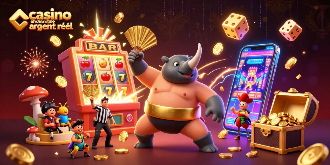 Jouer au casino en ligne argent réel avec un scarabée rhinocéros sumo et un arbitre, scènes dynamiques et festives.