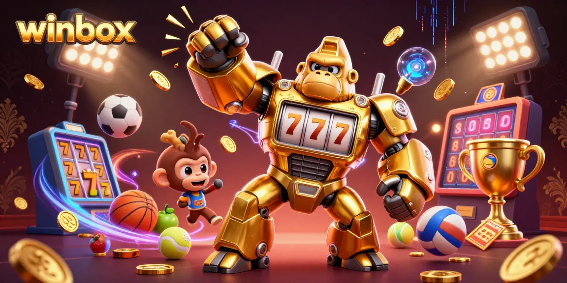 Winbox mech unleashing coins and sports elements, promoting exciting online gaming.