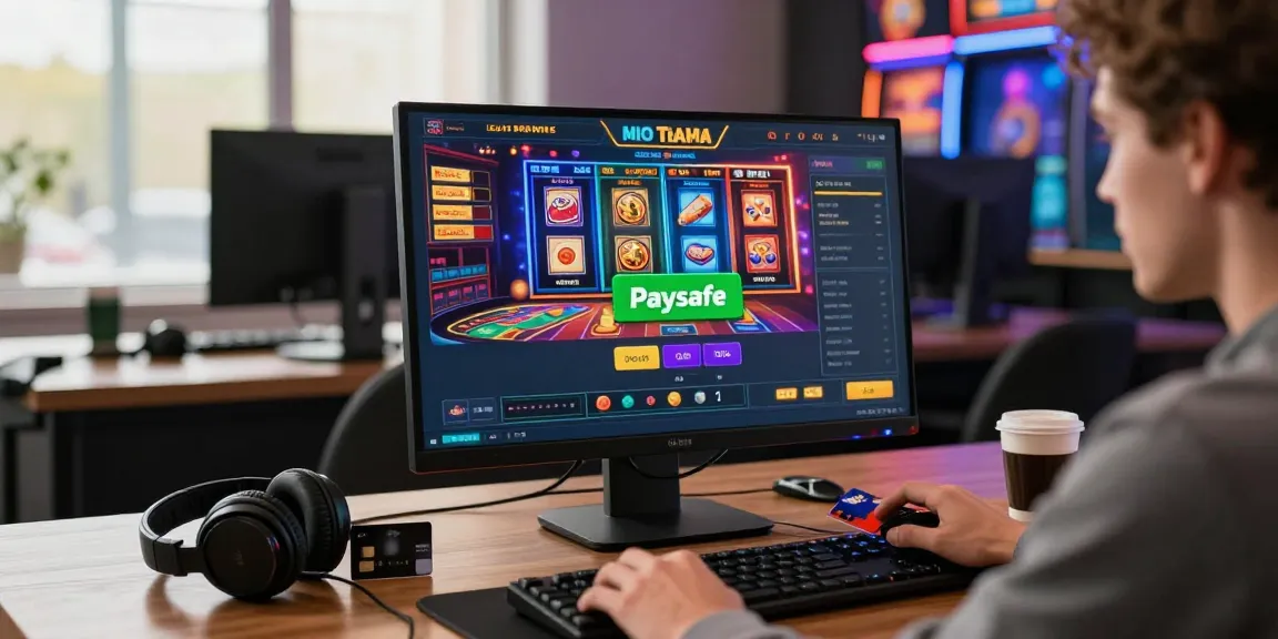 Spieler verwendet eine Paysafe-Karte, um in einem Online-Casino einzuzahlen, lebendige Spieloberfläche, moderne Desktop-Zubehörteile