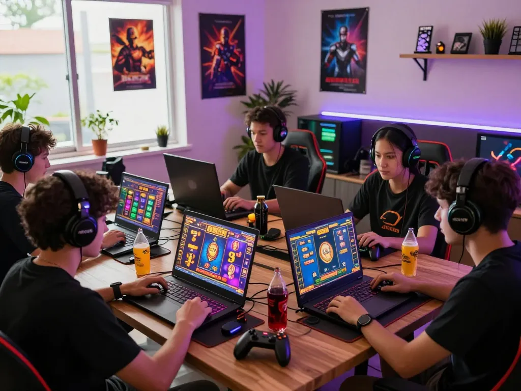 Dynamic online gaming experience with players enjoying slot gacor at home, vibrant decor, and immersive gameplay.