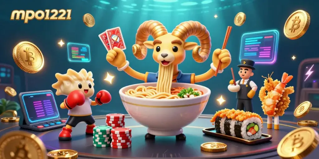 The golden ramen bowl named mpo1221 engages in an electrifying card game with crypto coins and animated cheerleaders.