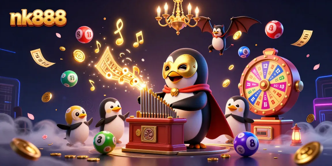 nk888 captures excitement with a 3D penguin playing an organ, surrounded by dynamic casino elements.
