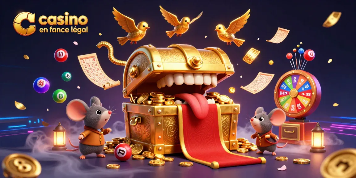 Illustration représentant un casino en ligne France légal avec un coffre au trésor et des éléments de jeu