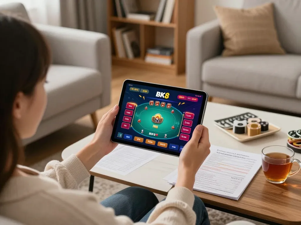 Engaging with BK8 online casino on tablet in a cozy home setting, showcasing strategy notes.