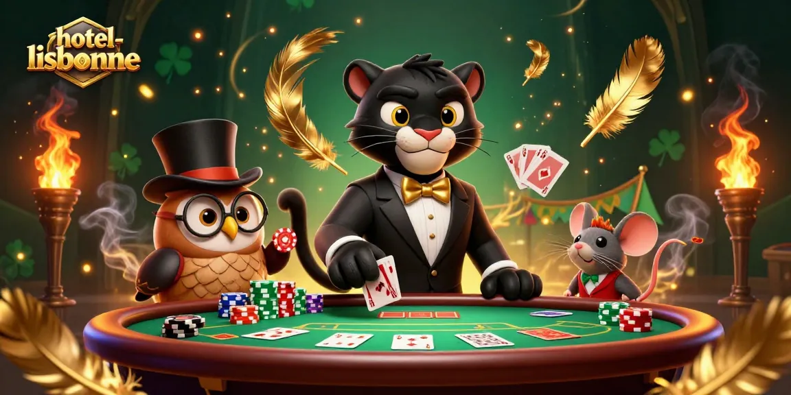 Experience thrilling casino action at hotel-lisbonne with playful characters in a vibrant poker atmosphere.