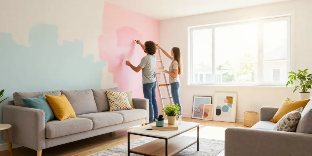 Home improvement ideas brought to life in a vibrant living room makeover.