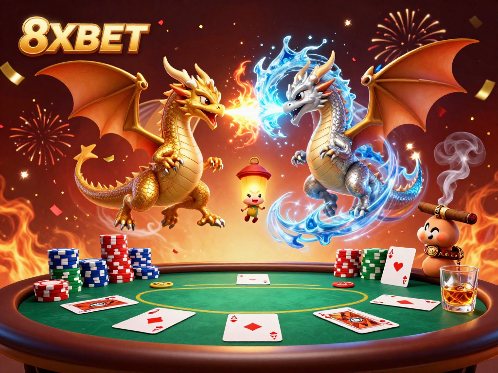 Experience dynamic gameplay with fiery dragons and poker excitement in 8XBET's captivating illustration.